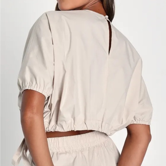 NWT Lulus Coolest Cutie Beige Short Sleeve Drawstring Crop Top - Picture 3 of 10